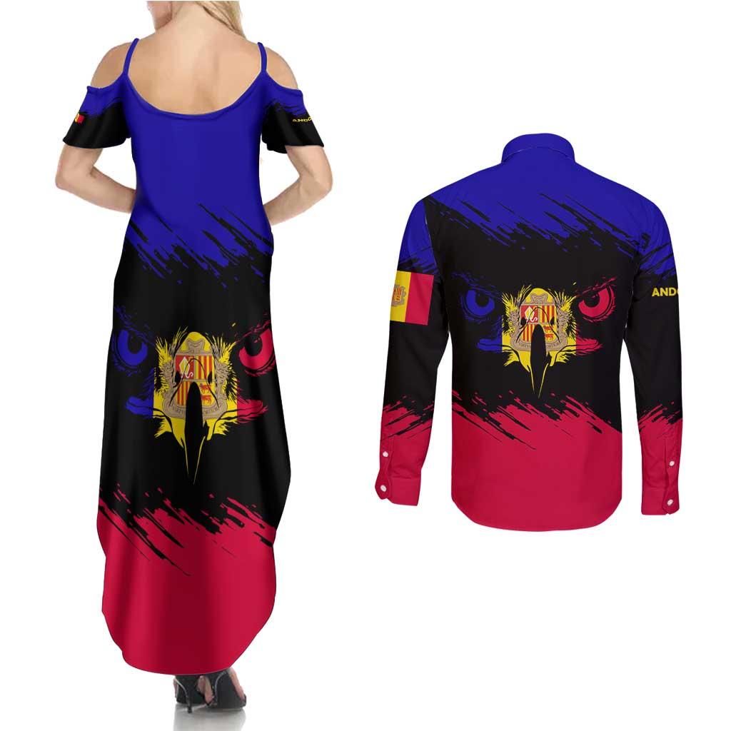 Andorra Couples Matching Summer Maxi Dress and Long Sleeve Button Shirt with Eagle Eyes and Paint Stroke Design - Wonder Print Shop
