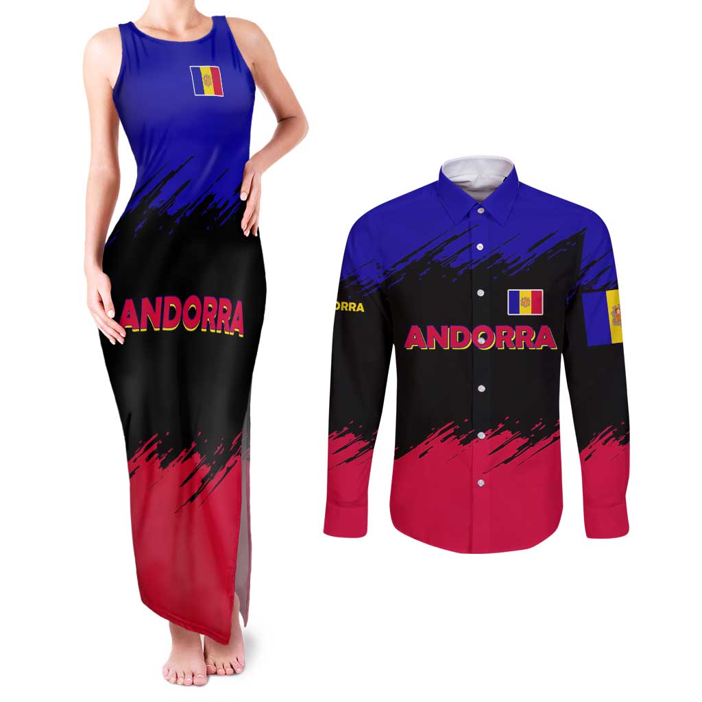 Andorra Couples Matching Tank Maxi Dress and Long Sleeve Button Shirt with Eagle Eyes and Paint Stroke Design - Wonder Print Shop