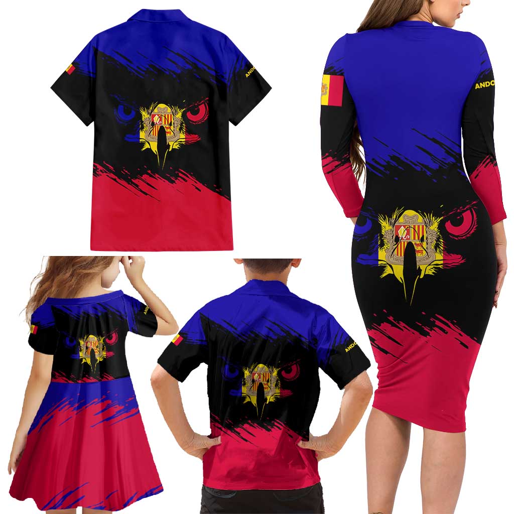 Andorra Family Matching Long Sleeve Bodycon Dress and Hawaiian Shirt with Eagle Eyes and Paint Stroke Design - Wonder Print Shop