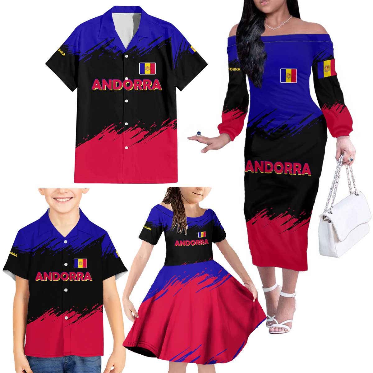 Andorra Family Matching Off The Shoulder Long Sleeve Dress and Hawaiian Shirt with Eagle Eyes and Paint Stroke Design - Wonder Print Shop