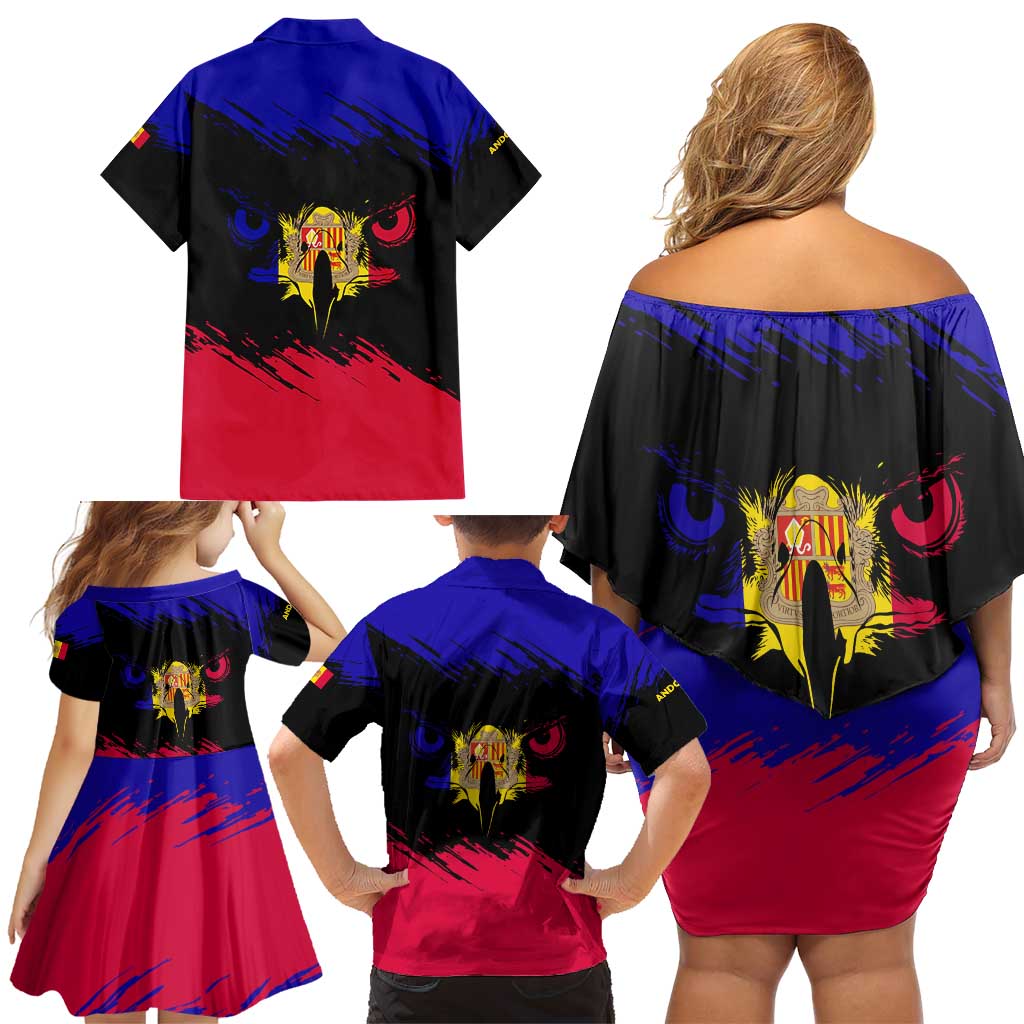 Andorra Family Matching Off Shoulder Short Dress and Hawaiian Shirt with Eagle Eyes and Paint Stroke Design - Wonder Print Shop