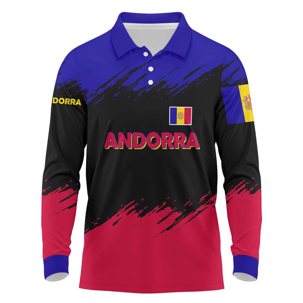 Andorra Long Sleeve Polo Shirt with Eagle Eyes and Paint Stroke Design - Wonder Print Shop