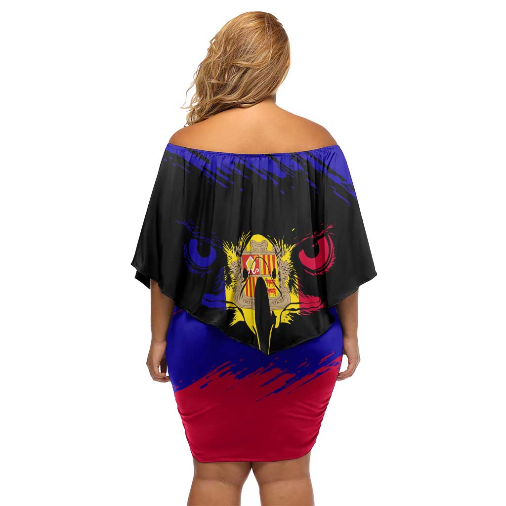 Andorra Off Shoulder Short Dress with Eagle Eyes and Paint Stroke Design - Wonder Print Shop
