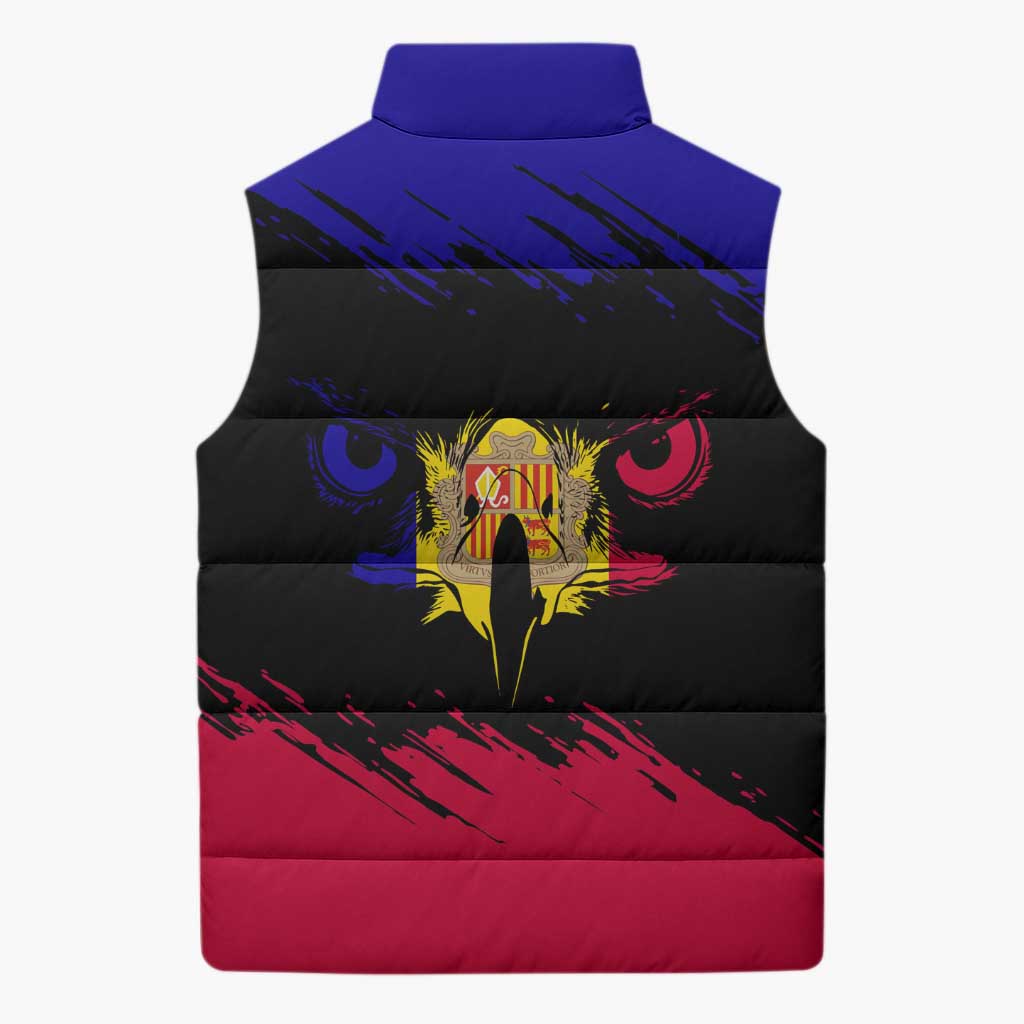 Andorra Sleeveless Puffer Jacket with Eagle Eyes and Paint Stroke Design - Wonder Print Shop