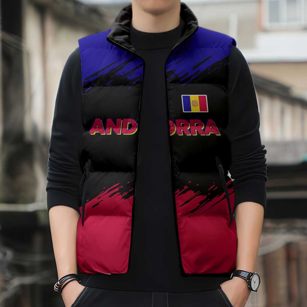 Andorra Sleeveless Puffer Jacket with Eagle Eyes and Paint Stroke Design - Wonder Print Shop