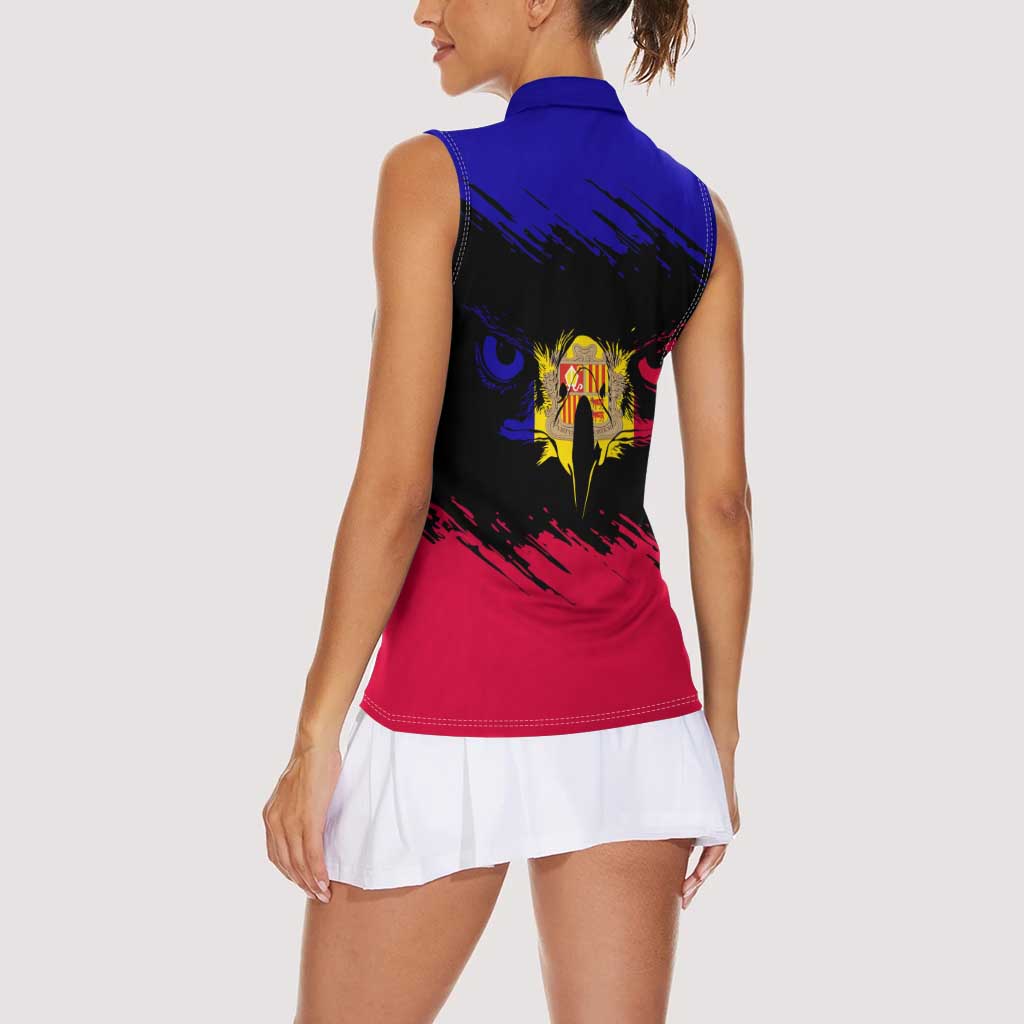 Andorra Women Sleeveless Polo Shirt with Eagle Eyes and Paint Stroke Design - Wonder Print Shop
