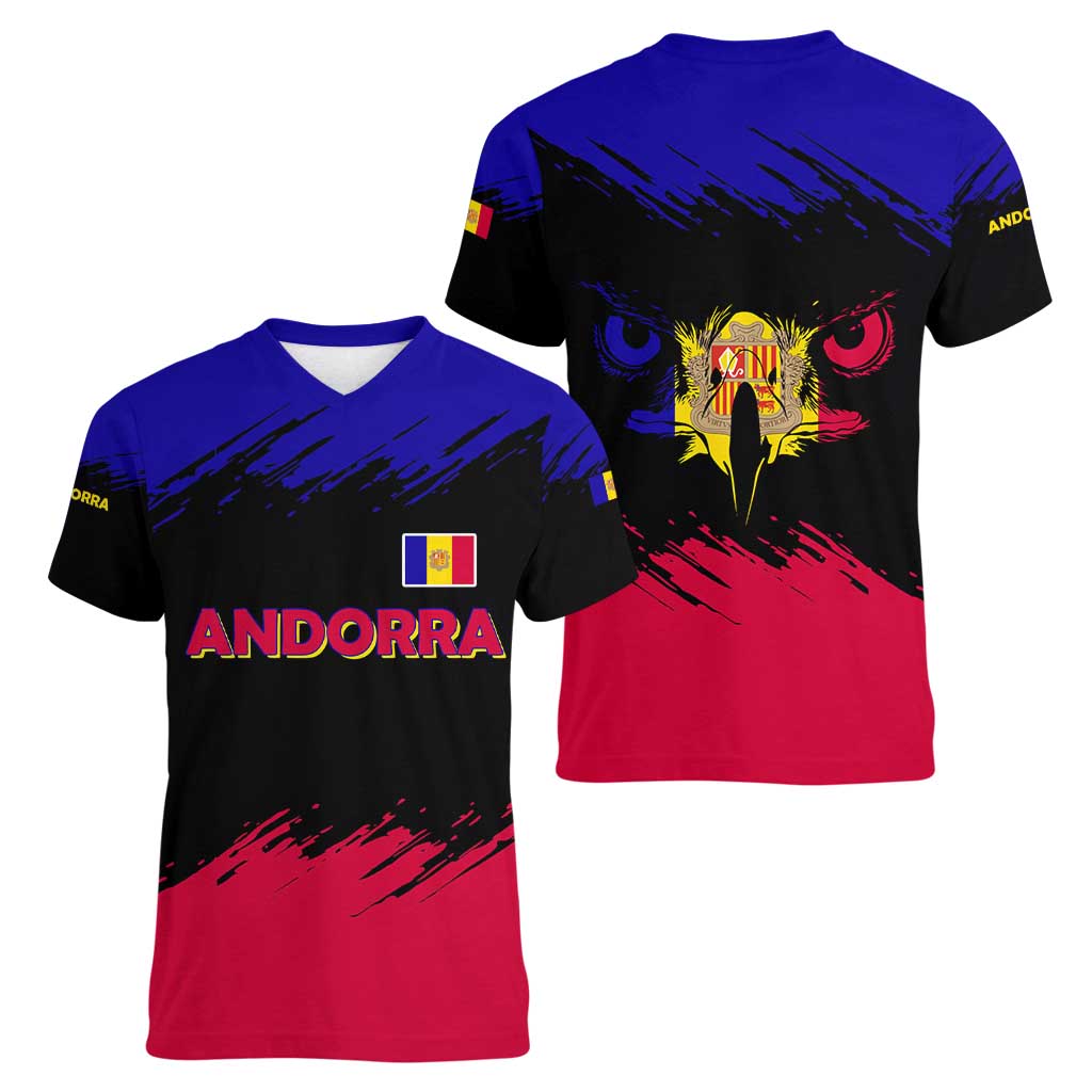 Andorra Women V-Neck T-Shirt with Eagle Eyes and Paint Stroke Design - Wonder Print Shop
