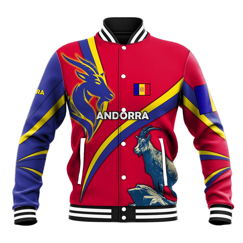 Andorra Baseball Jacket with Mountain Goat and Curved Stripe Design - Wonder Print Shop