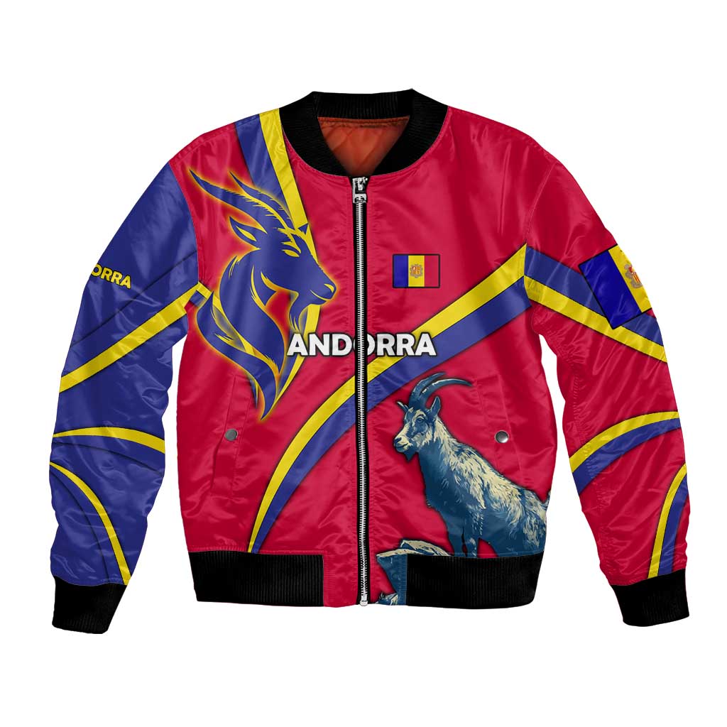 Andorra Bomber Jacket with Mountain Goat and Curved Stripe Design - Wonder Print Shop
