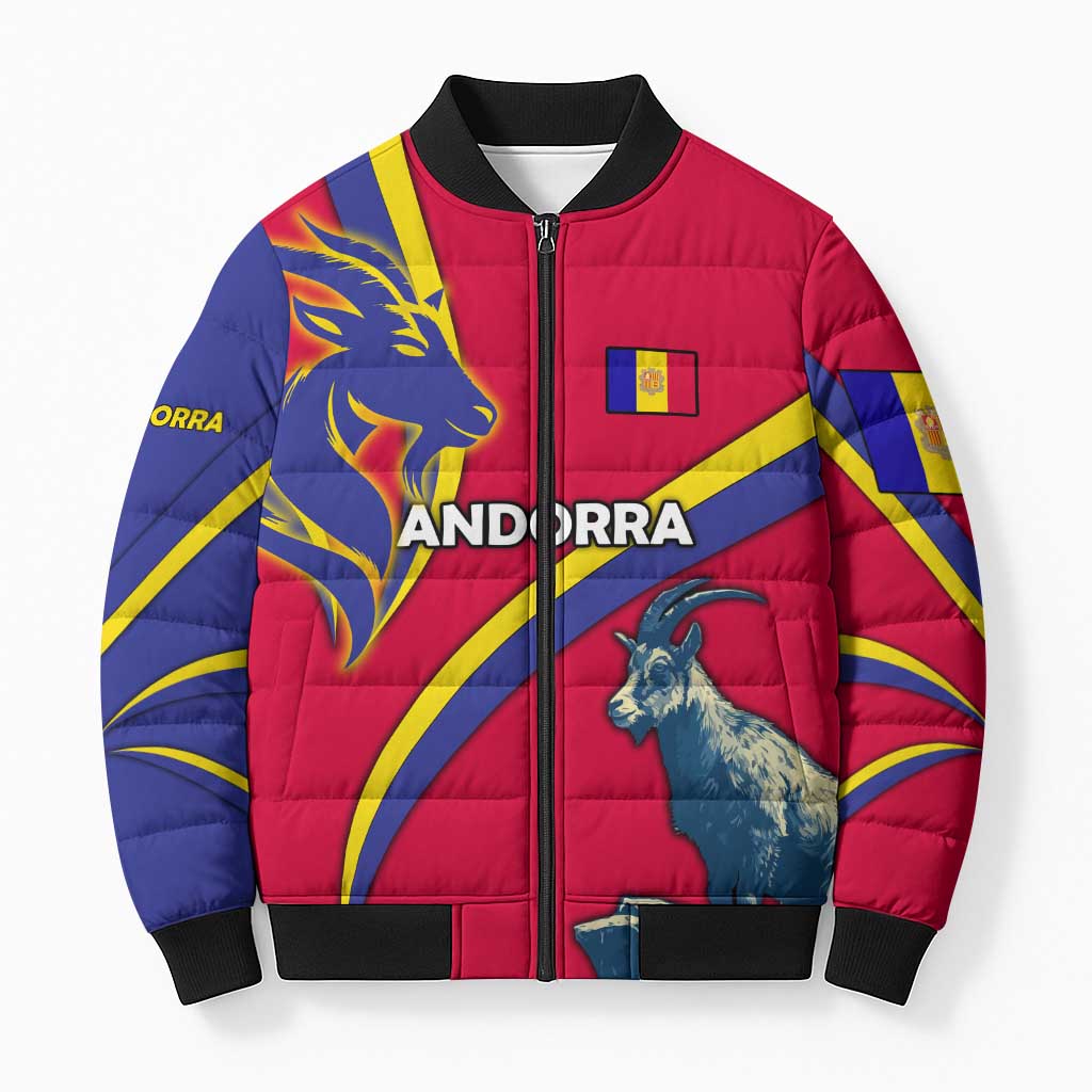 Andorra Bomber Puffer Jacket with Mountain Goat and Curved Stripe Design - Wonder Print Shop