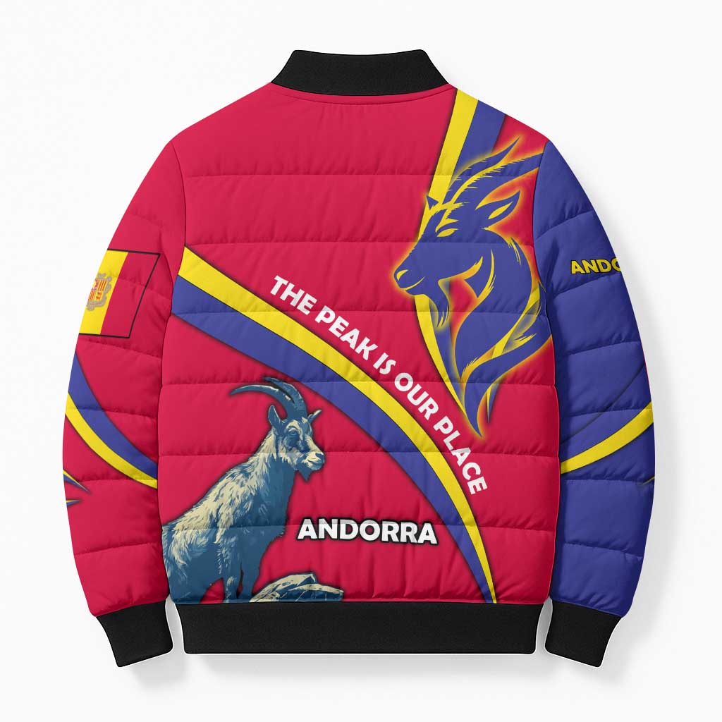 Andorra Bomber Puffer Jacket with Mountain Goat and Curved Stripe Design - Wonder Print Shop