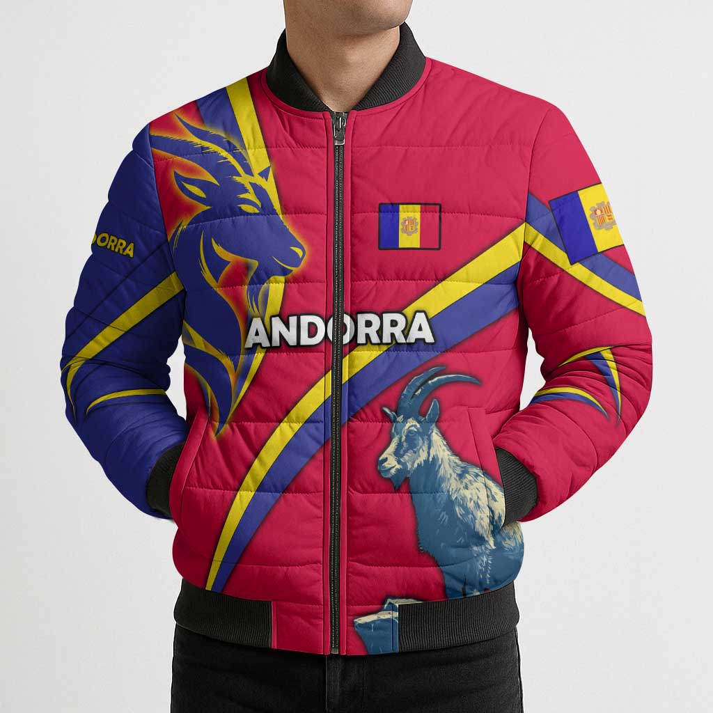 Andorra Bomber Puffer Jacket with Mountain Goat and Curved Stripe Design - Wonder Print Shop