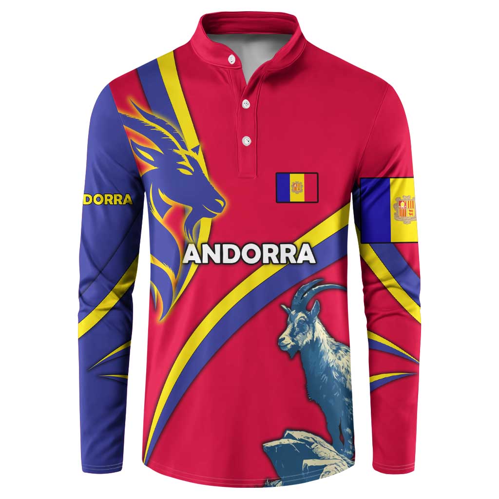Andorra Button Sweatshirt with Mountain Goat and Curved Stripe Design - Wonder Print Shop
