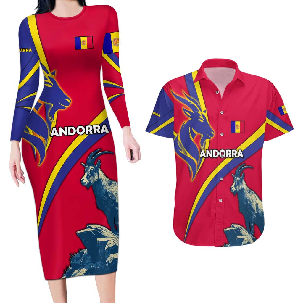 Andorra Couples Matching Long Sleeve Bodycon Dress and Hawaiian Shirt with Mountain Goat and Curved Stripe Design - Wonder Print Shop