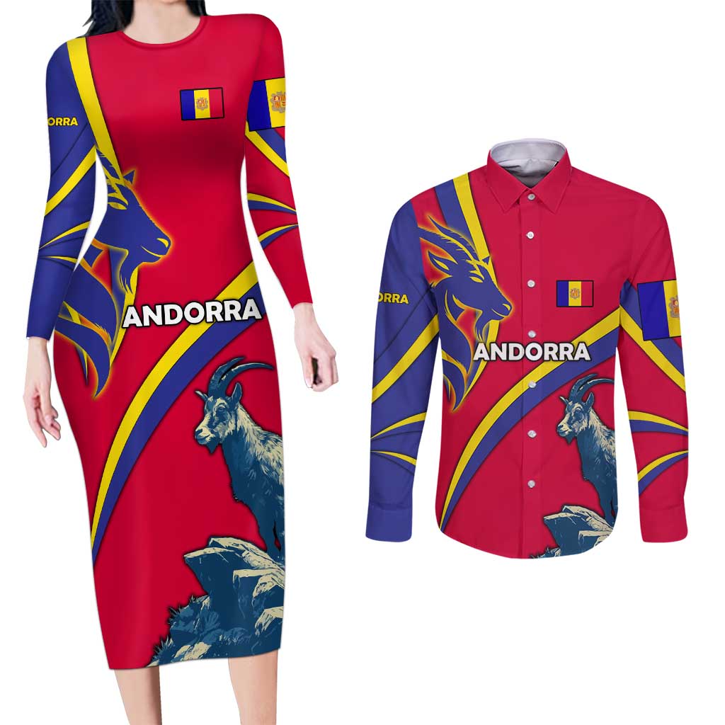 Andorra Couples Matching Long Sleeve Bodycon Dress and Long Sleeve Button Shirt with Mountain Goat and Curved Stripe Design - Wonder Print Shop