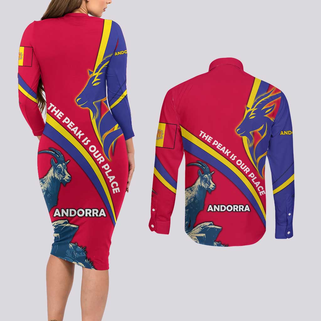 Andorra Couples Matching Long Sleeve Bodycon Dress and Long Sleeve Button Shirt with Mountain Goat and Curved Stripe Design - Wonder Print Shop