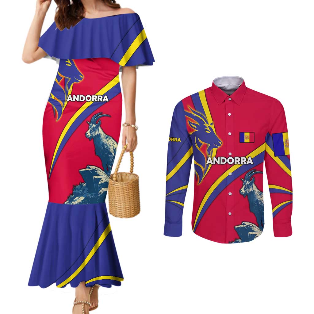 Andorra Couples Matching Mermaid Dress and Long Sleeve Button Shirt with Mountain Goat and Curved Stripe Design - Wonder Print Shop