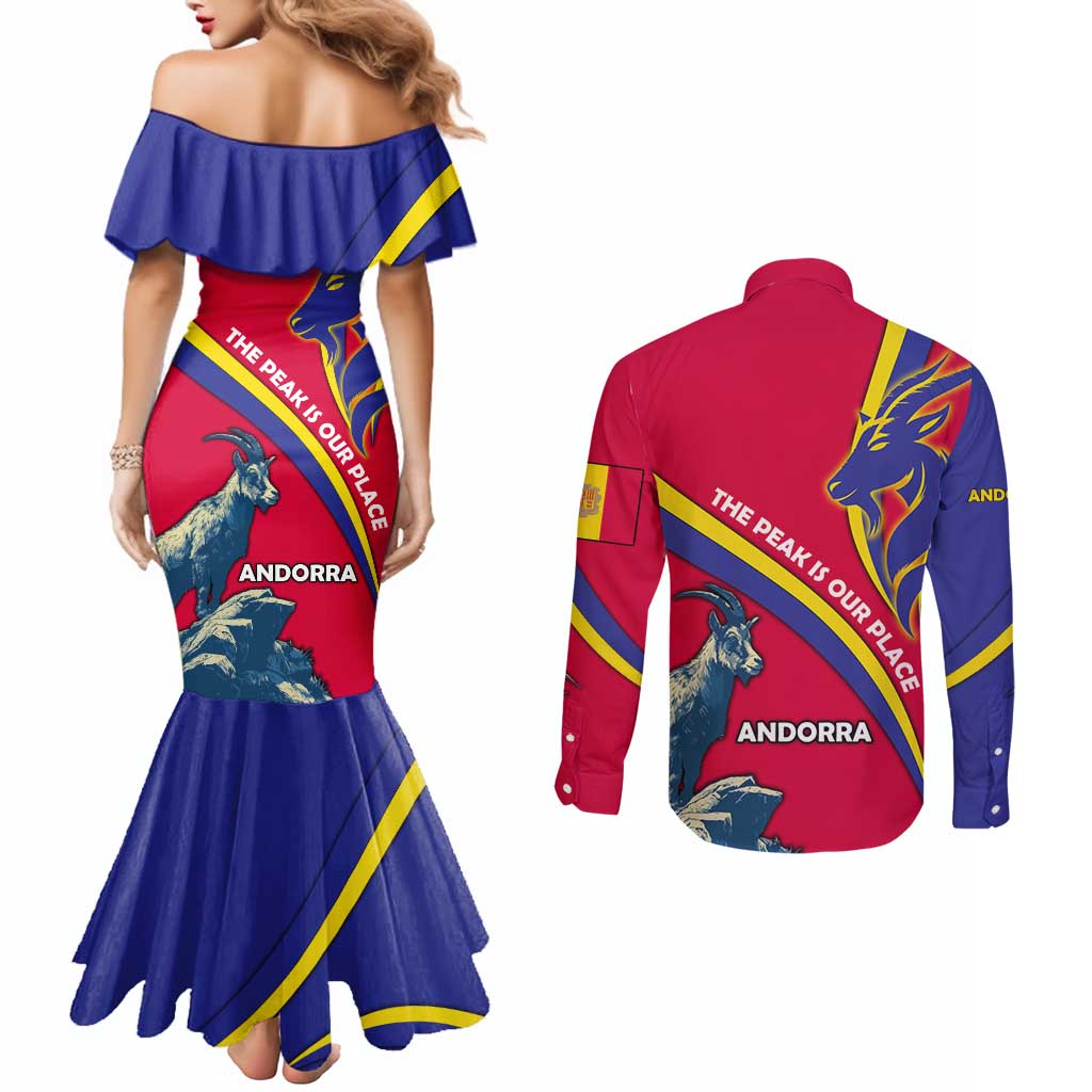 Andorra Couples Matching Mermaid Dress and Long Sleeve Button Shirt with Mountain Goat and Curved Stripe Design - Wonder Print Shop