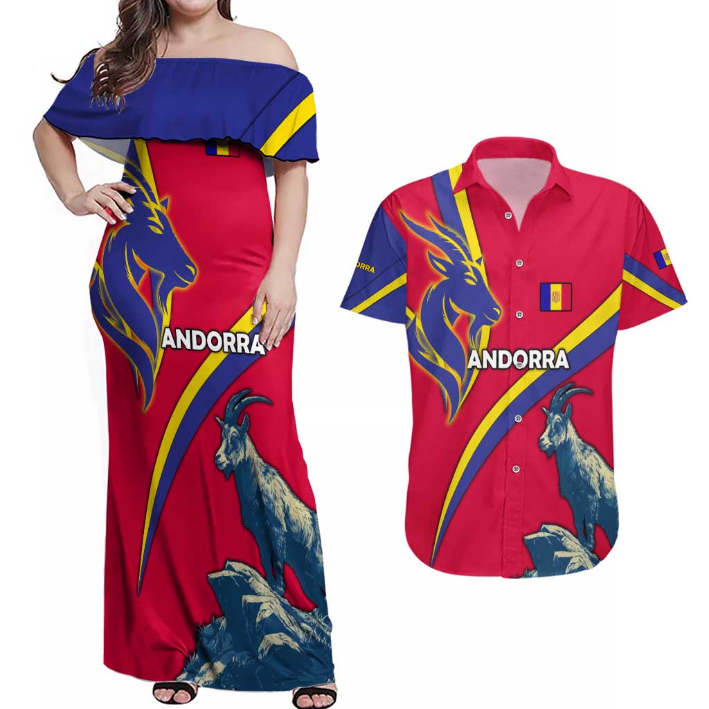Andorra Couples Matching Off Shoulder Maxi Dress and Hawaiian Shirt with Mountain Goat and Curved Stripe Design - Wonder Print Shop