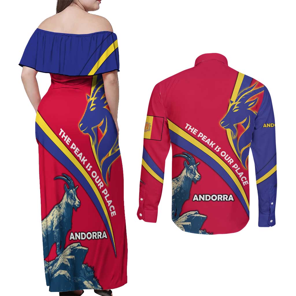 Andorra Couples Matching Off Shoulder Maxi Dress and Long Sleeve Button Shirt with Mountain Goat and Curved Stripe Design - Wonder Print Shop