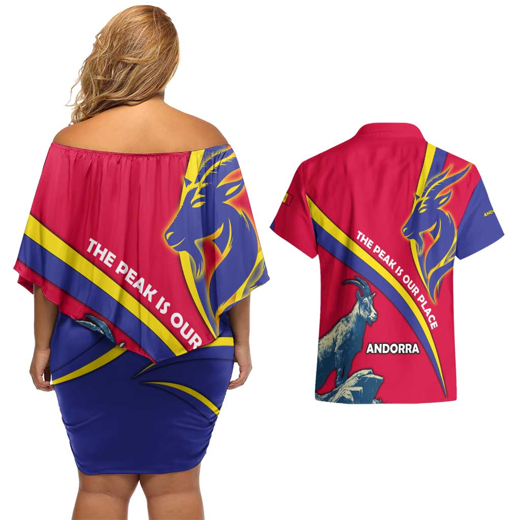 Andorra Couples Matching Off Shoulder Short Dress and Hawaiian Shirt with Mountain Goat and Curved Stripe Design - Wonder Print Shop