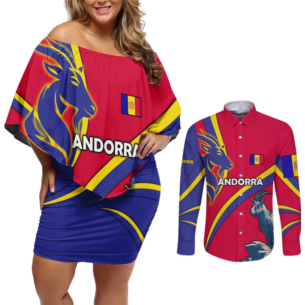 Andorra Couples Matching Off Shoulder Short Dress and Long Sleeve Button Shirt with Mountain Goat and Curved Stripe Design - Wonder Print Shop