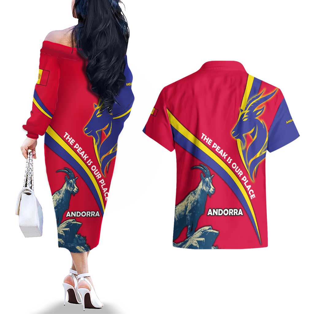 Andorra Couples Matching Off The Shoulder Long Sleeve Dress and Hawaiian Shirt with Mountain Goat and Curved Stripe Design - Wonder Print Shop