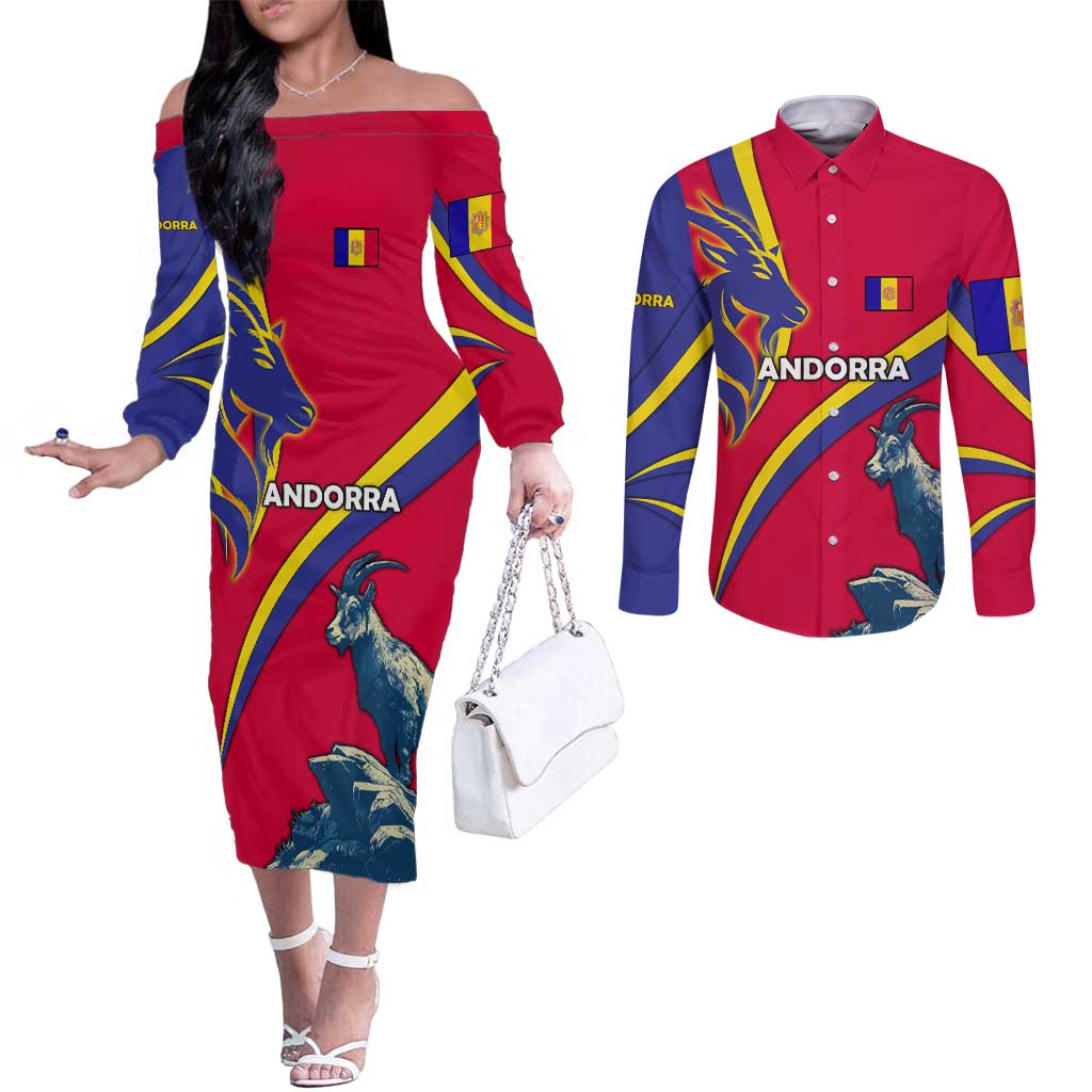 Andorra Couples Matching Off The Shoulder Long Sleeve Dress and Long Sleeve Button Shirt with Mountain Goat and Curved Stripe Design - Wonder Print Shop
