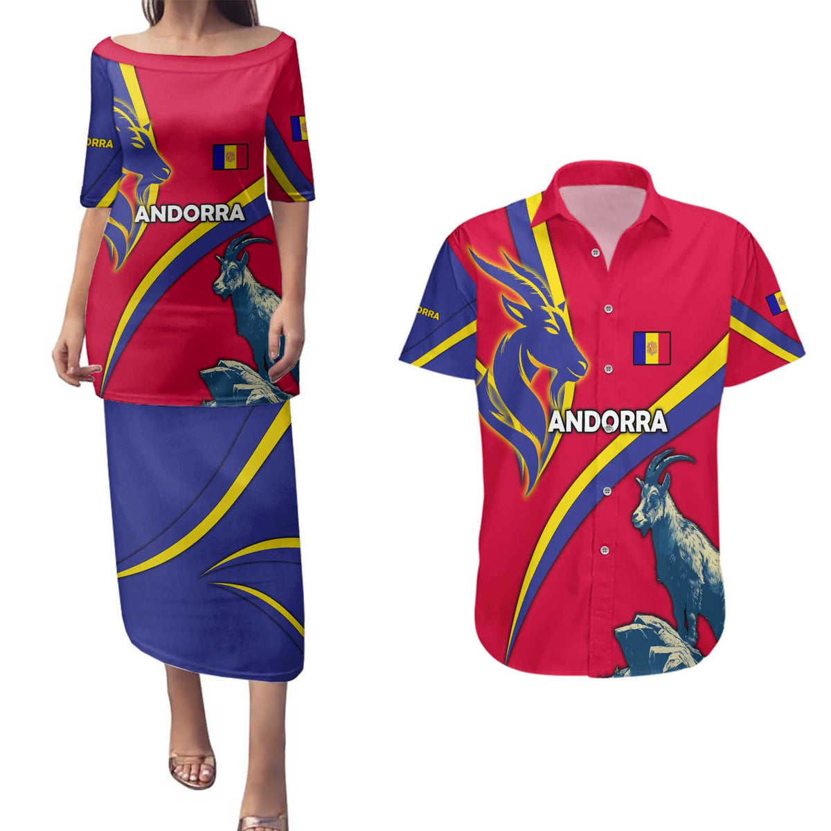 Andorra Couples Matching Puletasi and Hawaiian Shirt with Mountain Goat and Curved Stripe Design - Wonder Print Shop