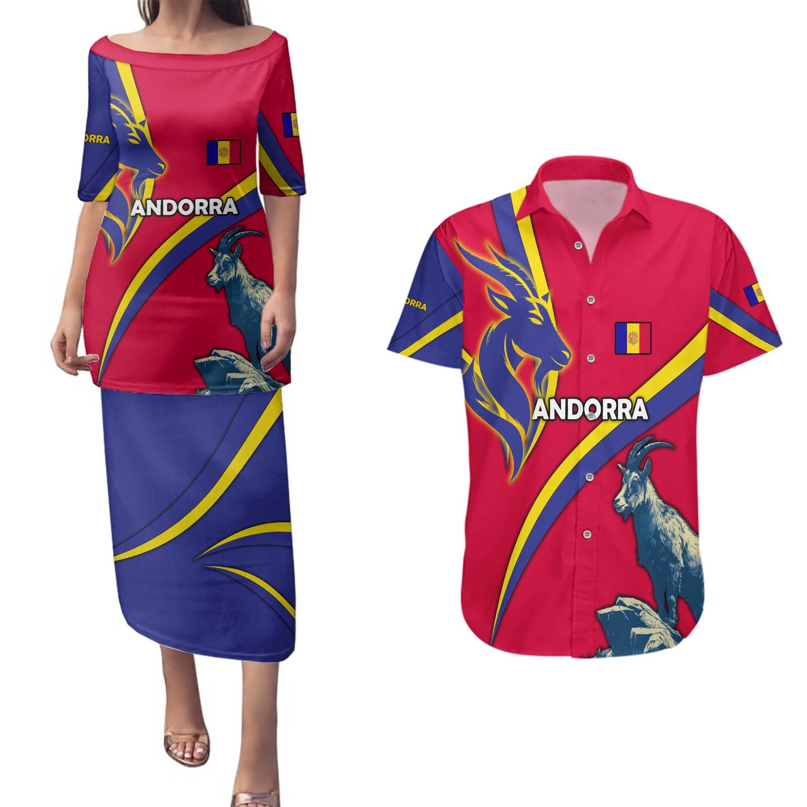 Andorra Couples Matching Puletasi and Hawaiian Shirt with Mountain Goat and Curved Stripe Design - Wonder Print Shop