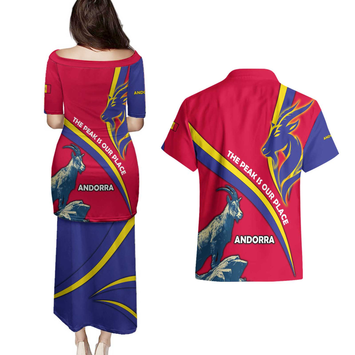 Andorra Couples Matching Puletasi and Hawaiian Shirt with Mountain Goat and Curved Stripe Design - Wonder Print Shop