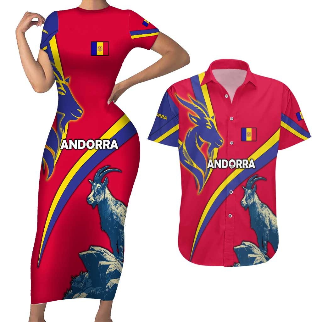 Andorra Couples Matching Short Sleeve Bodycon Dress and Hawaiian Shirt with Mountain Goat and Curved Stripe Design - Wonder Print Shop