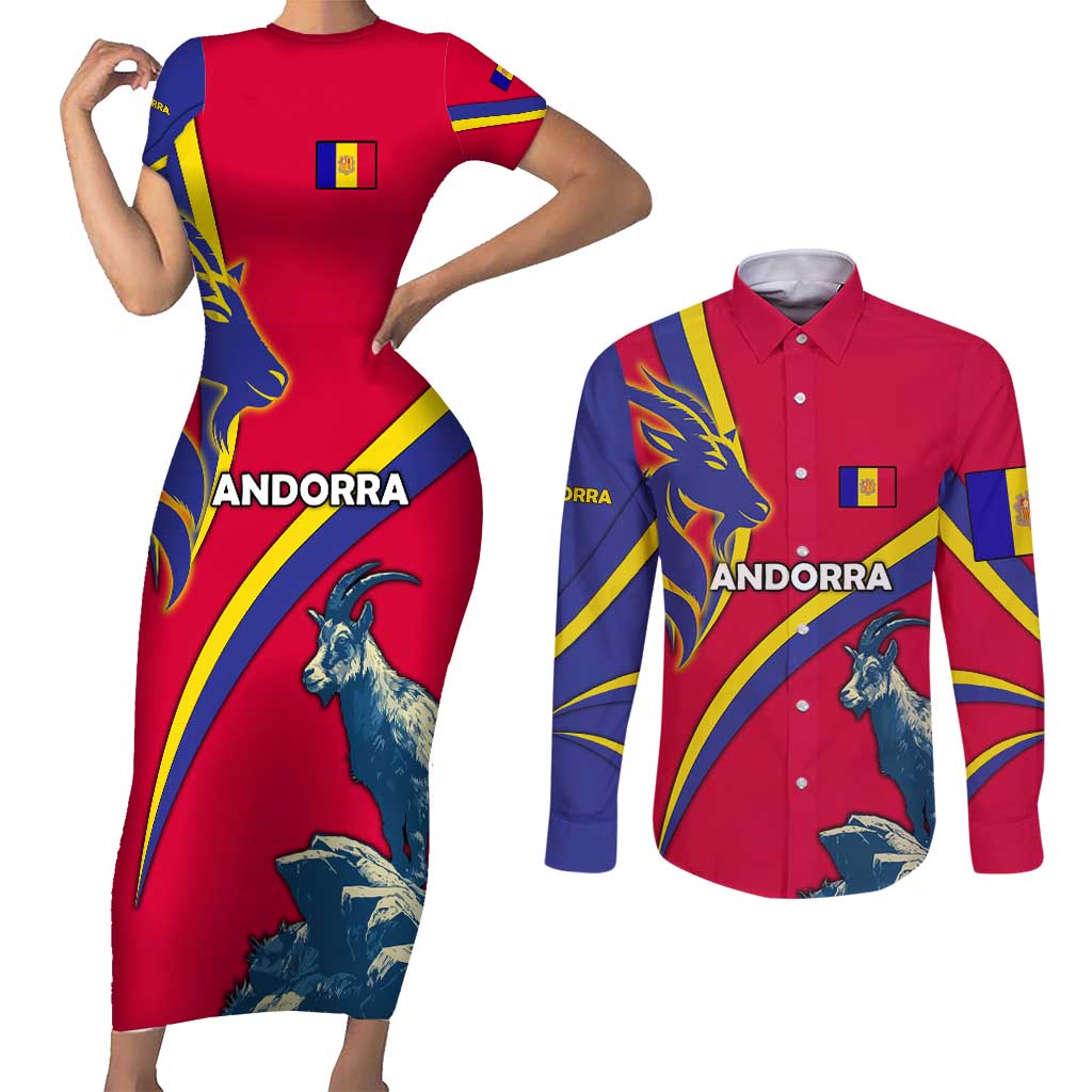 Andorra Couples Matching Short Sleeve Bodycon Dress and Long Sleeve Button Shirt with Mountain Goat and Curved Stripe Design - Wonder Print Shop