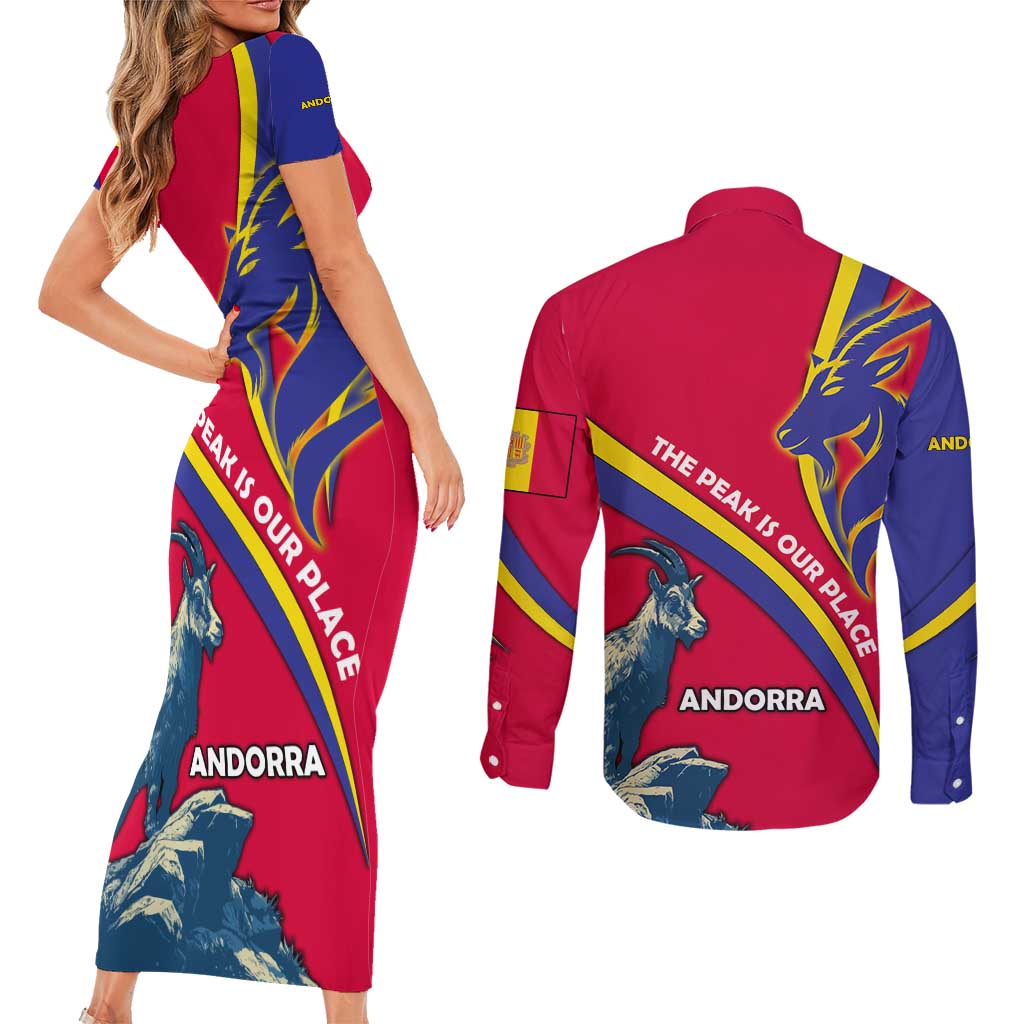 Andorra Couples Matching Short Sleeve Bodycon Dress and Long Sleeve Button Shirt with Mountain Goat and Curved Stripe Design - Wonder Print Shop