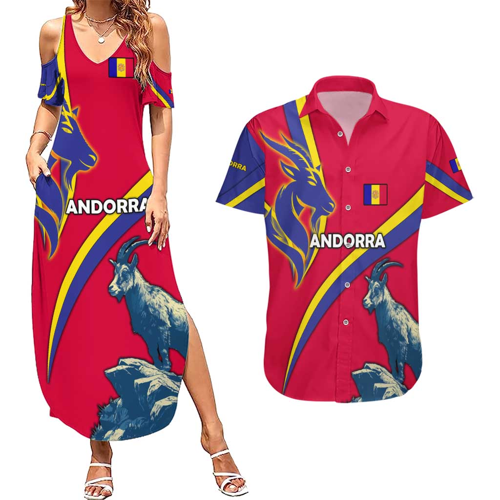 Andorra Couples Matching Summer Maxi Dress and Hawaiian Shirt with Mountain Goat and Curved Stripe Design - Wonder Print Shop