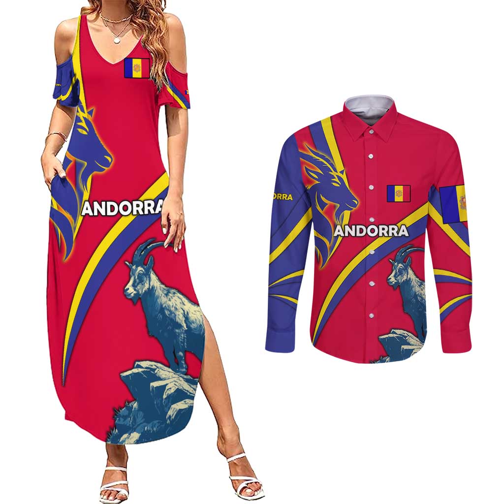 Andorra Couples Matching Summer Maxi Dress and Long Sleeve Button Shirt with Mountain Goat and Curved Stripe Design - Wonder Print Shop
