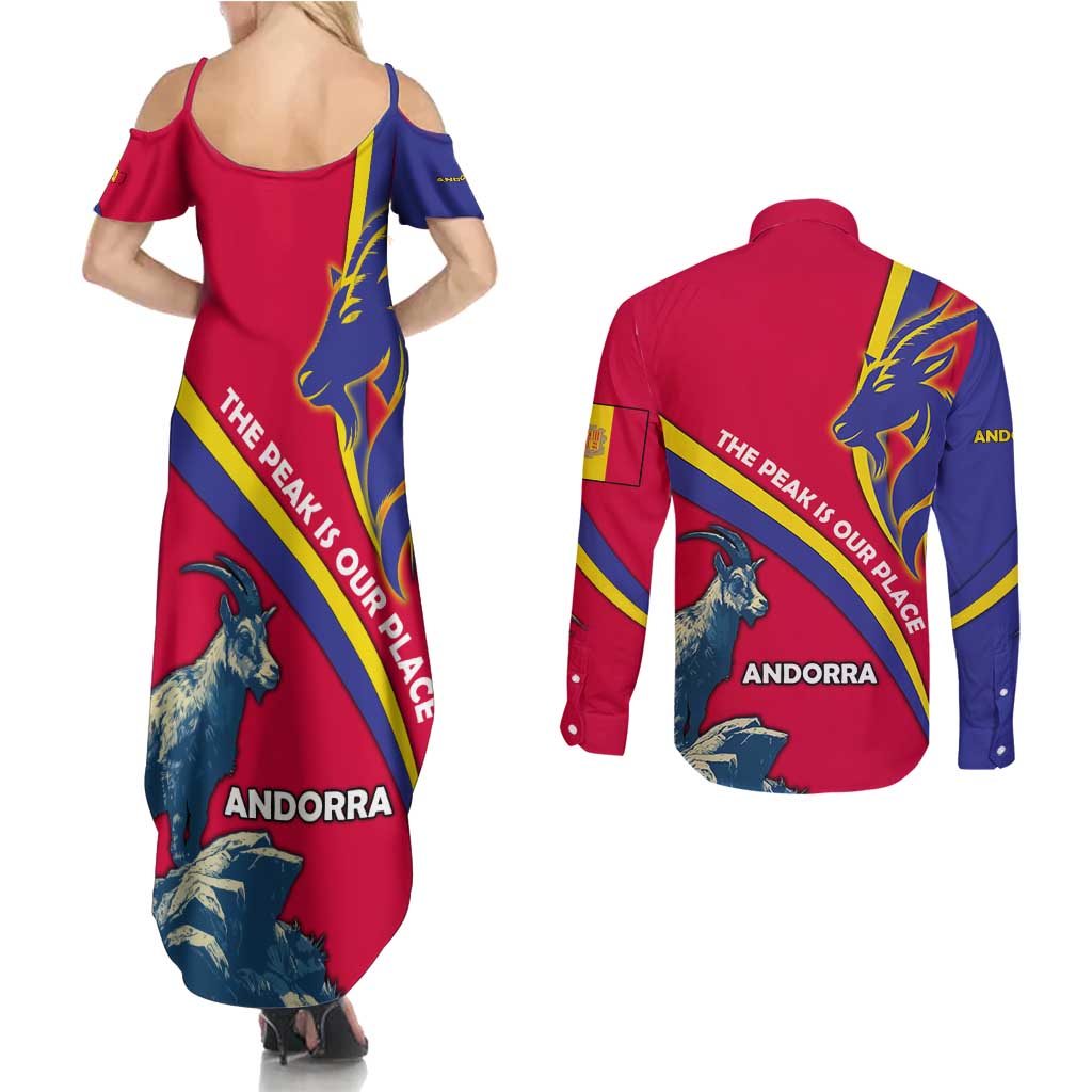 Andorra Couples Matching Summer Maxi Dress and Long Sleeve Button Shirt with Mountain Goat and Curved Stripe Design - Wonder Print Shop
