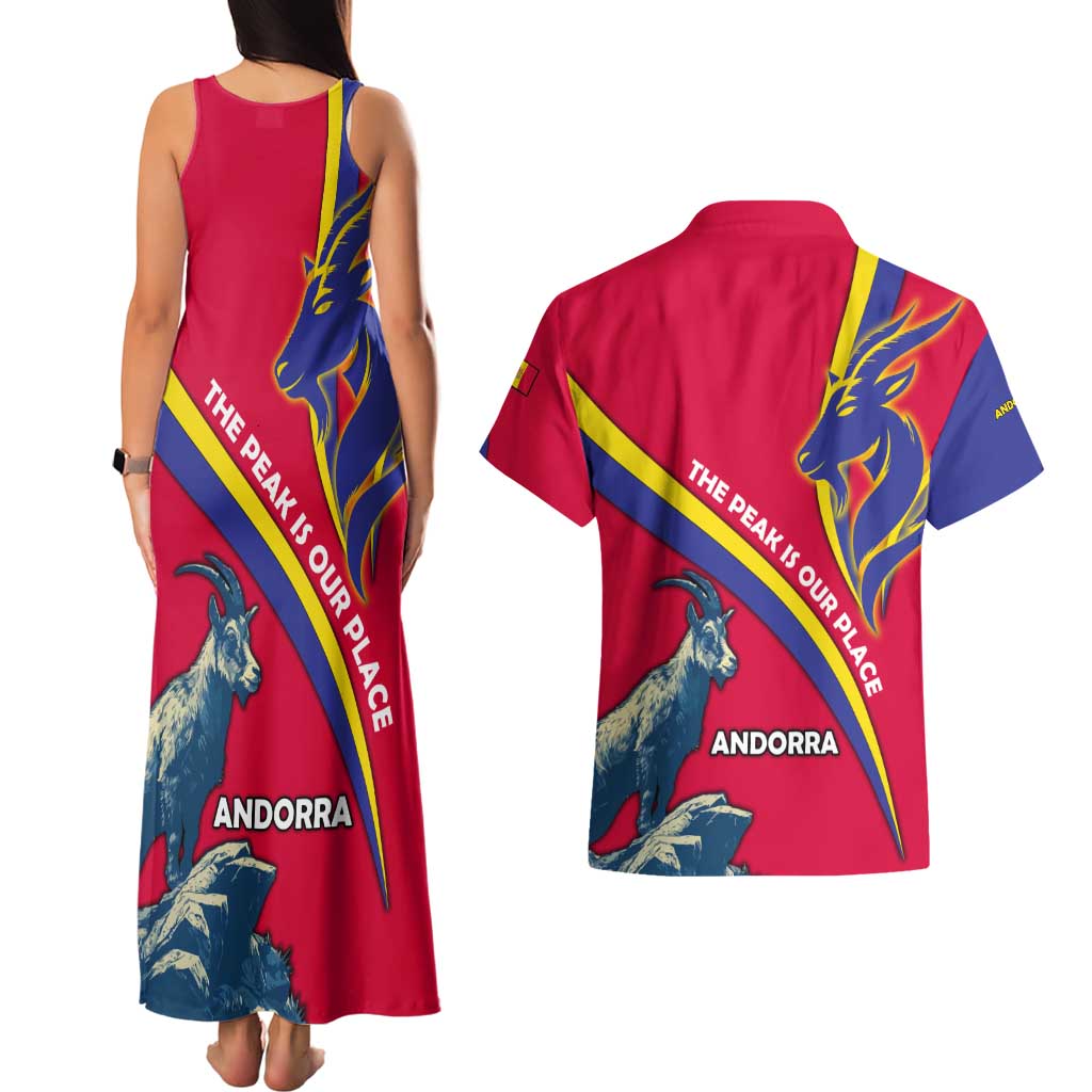 Andorra Couples Matching Tank Maxi Dress and Hawaiian Shirt with Mountain Goat and Curved Stripe Design - Wonder Print Shop