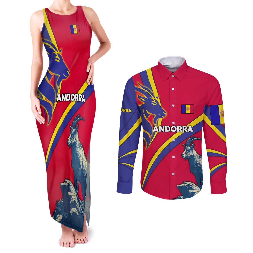 Andorra Couples Matching Tank Maxi Dress and Long Sleeve Button Shirt with Mountain Goat and Curved Stripe Design - Wonder Print Shop