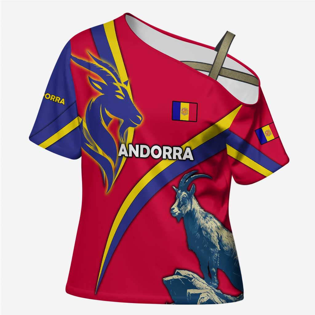 Andorra Cross Shoulder Shirt with Mountain Goat and Curved Stripe Design - Wonder Print Shop