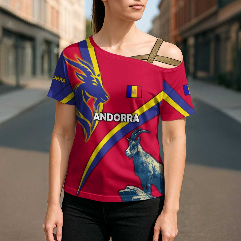 Andorra Cross Shoulder Shirt with Mountain Goat and Curved Stripe Design - Wonder Print Shop