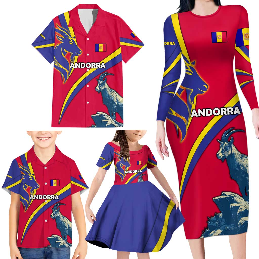 Andorra Family Matching Long Sleeve Bodycon Dress and Hawaiian Shirt with Mountain Goat and Curved Stripe Design - Wonder Print Shop