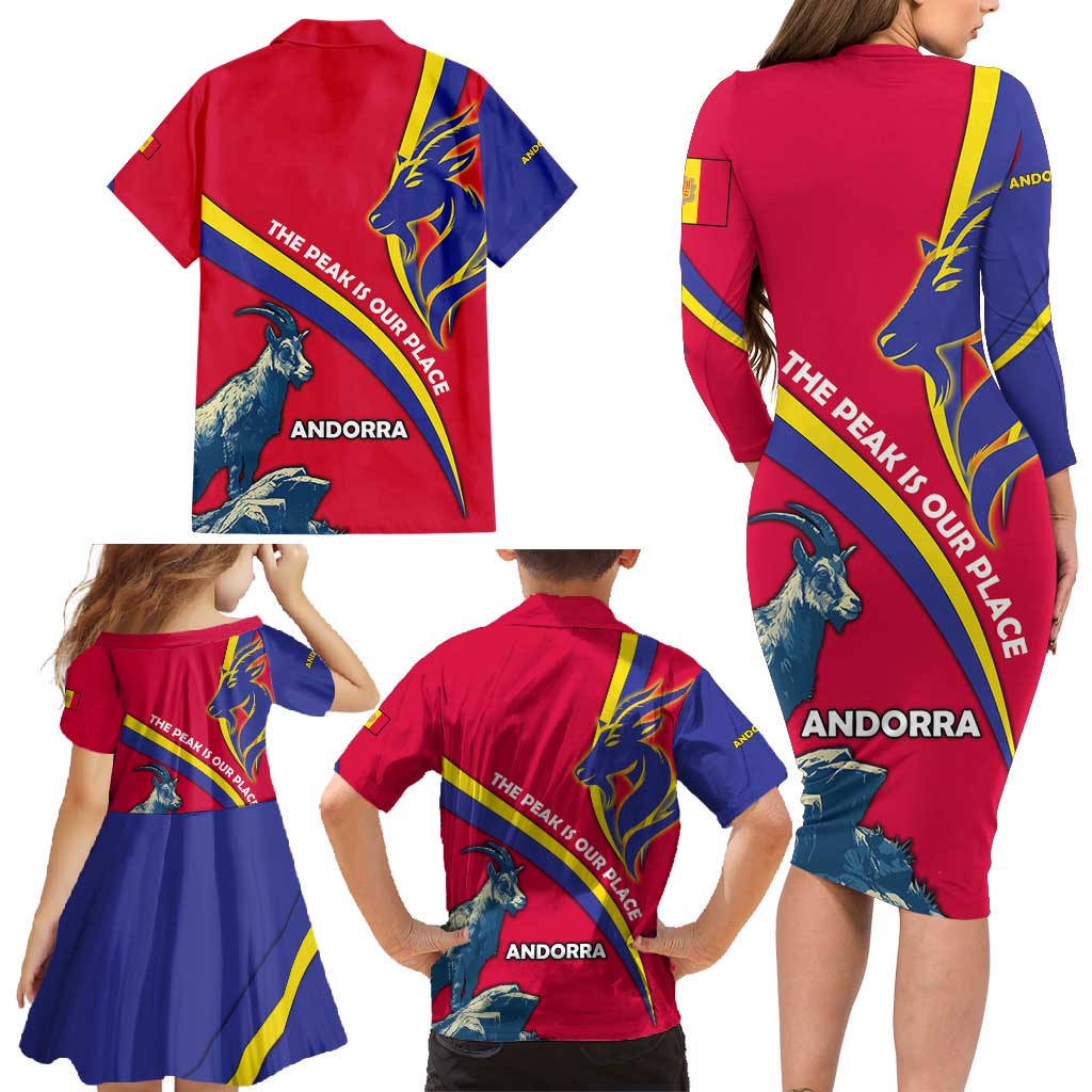 Andorra Family Matching Long Sleeve Bodycon Dress and Hawaiian Shirt with Mountain Goat and Curved Stripe Design - Wonder Print Shop