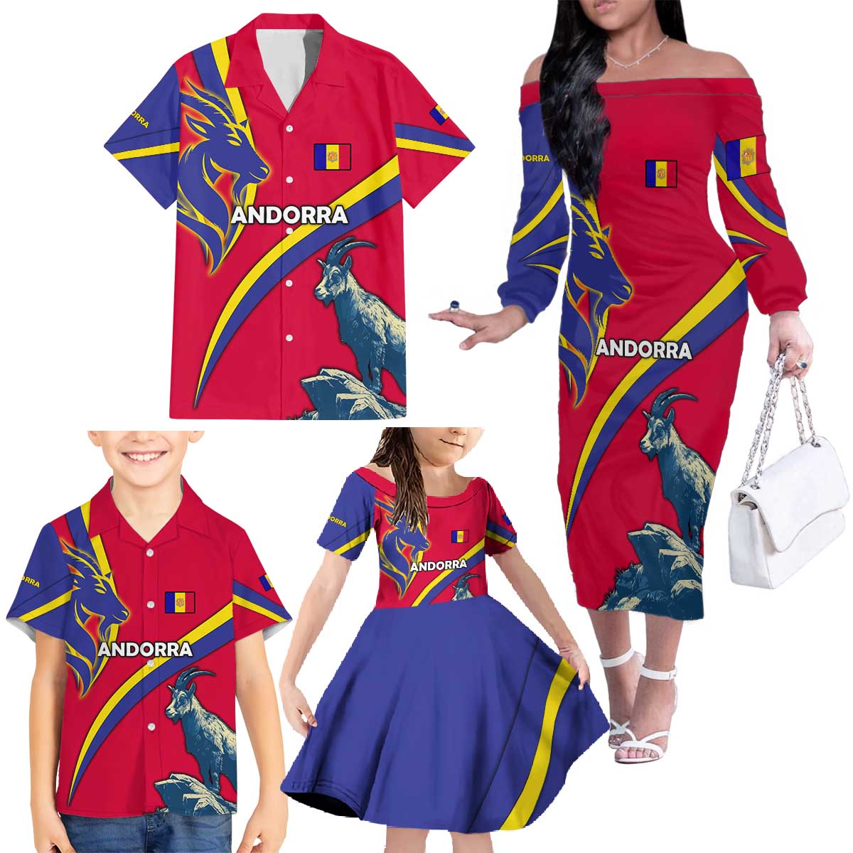 Andorra Family Matching Off The Shoulder Long Sleeve Dress and Hawaiian Shirt with Mountain Goat and Curved Stripe Design - Wonder Print Shop
