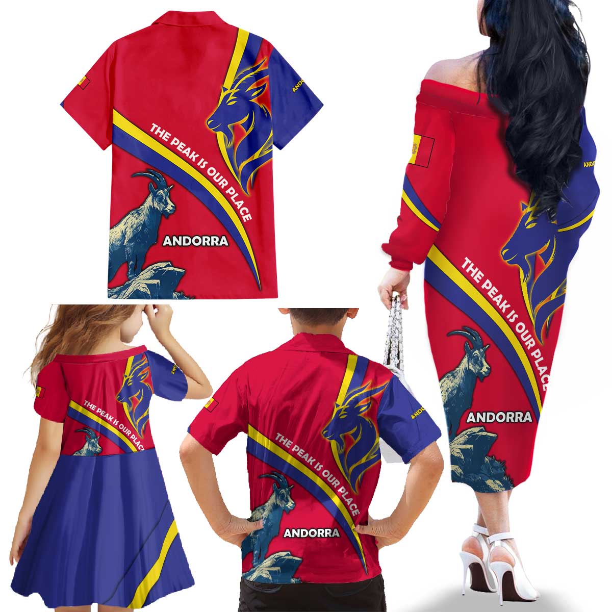 Andorra Family Matching Off The Shoulder Long Sleeve Dress and Hawaiian Shirt with Mountain Goat and Curved Stripe Design - Wonder Print Shop
