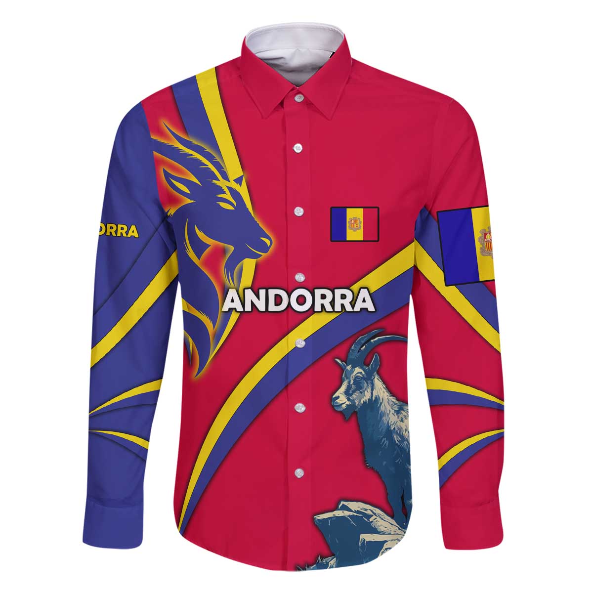 Andorra Family Matching Off The Shoulder Long Sleeve Dress and Hawaiian Shirt with Mountain Goat and Curved Stripe Design - Wonder Print Shop