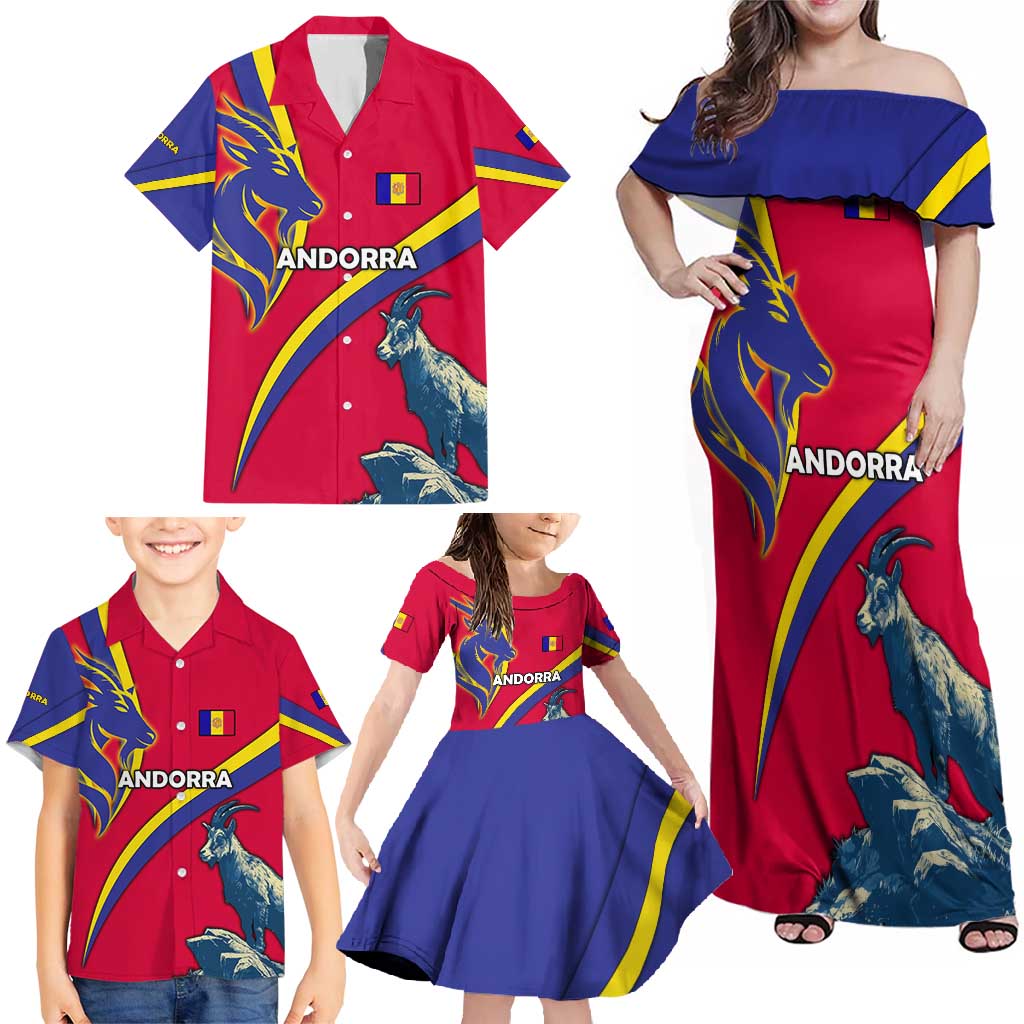 Andorra Family Matching Off Shoulder Maxi Dress and Hawaiian Shirt with Mountain Goat and Curved Stripe Design - Wonder Print Shop