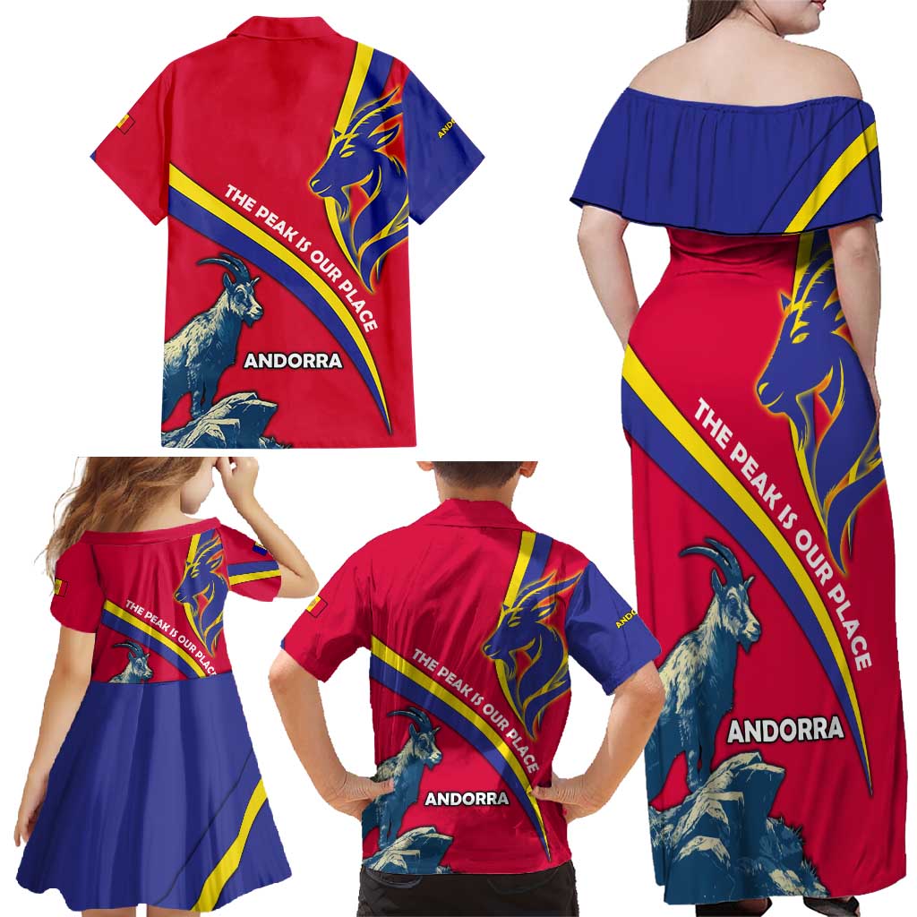 Andorra Family Matching Off Shoulder Maxi Dress and Hawaiian Shirt with Mountain Goat and Curved Stripe Design - Wonder Print Shop