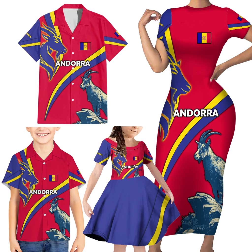 Andorra Family Matching Short Sleeve Bodycon Dress and Hawaiian Shirt with Mountain Goat and Curved Stripe Design - Wonder Print Shop