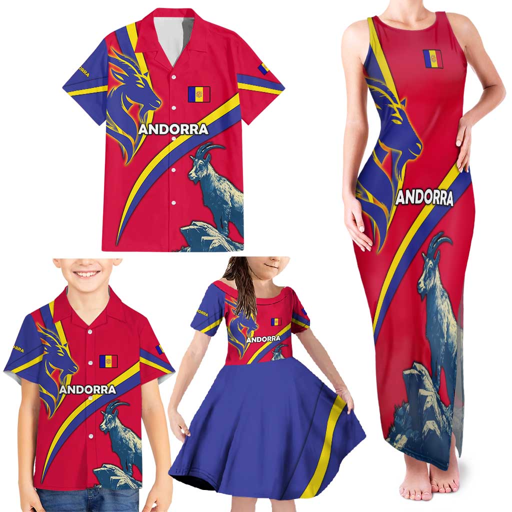 Andorra Family Matching Tank Maxi Dress and Hawaiian Shirt with Mountain Goat and Curved Stripe Design - Wonder Print Shop